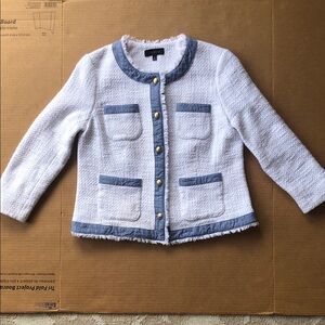 TALBOTS White Cotton Tweed  Summer Lady Jacket with Denim Trim Size 8-10